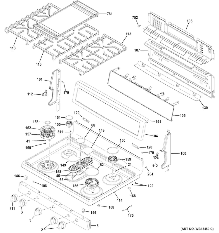 Control Panel & Cooktop Diagram and Parts List for PGB930SEJ1SS  General Electric Range
