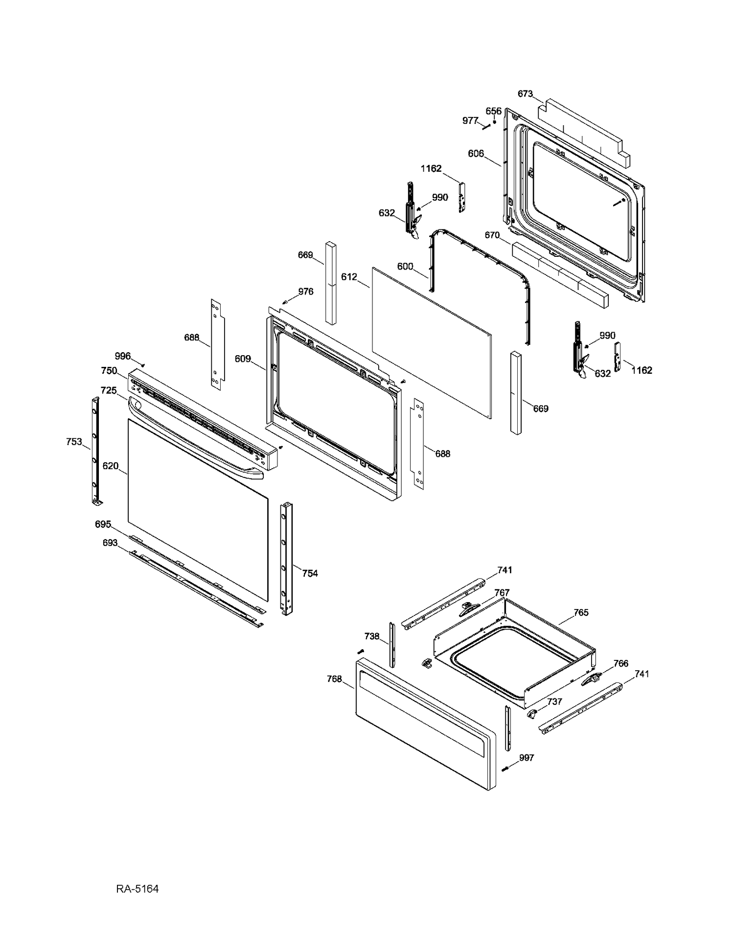 DOOR & DRAWER Diagram and Parts List for JCBS280DT2WW  General Electric Range