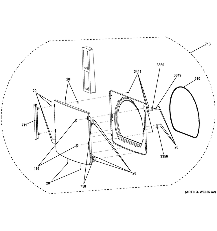 Door Assembly Diagram and Parts List for GTDL740ED1WW  General Electric Dryer