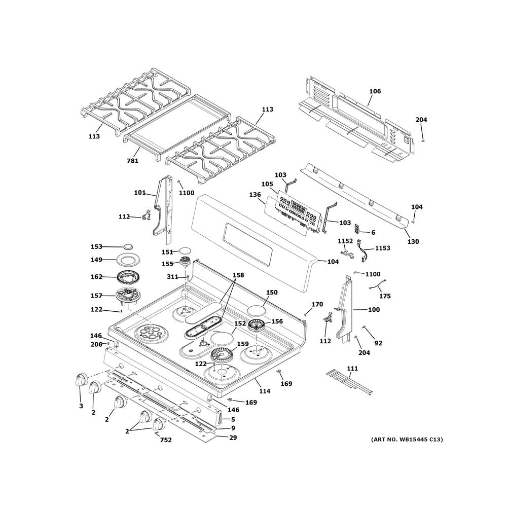 Control Panel And Cooktop Diagram and Parts List for PGB965BP4TS  General Electric Range