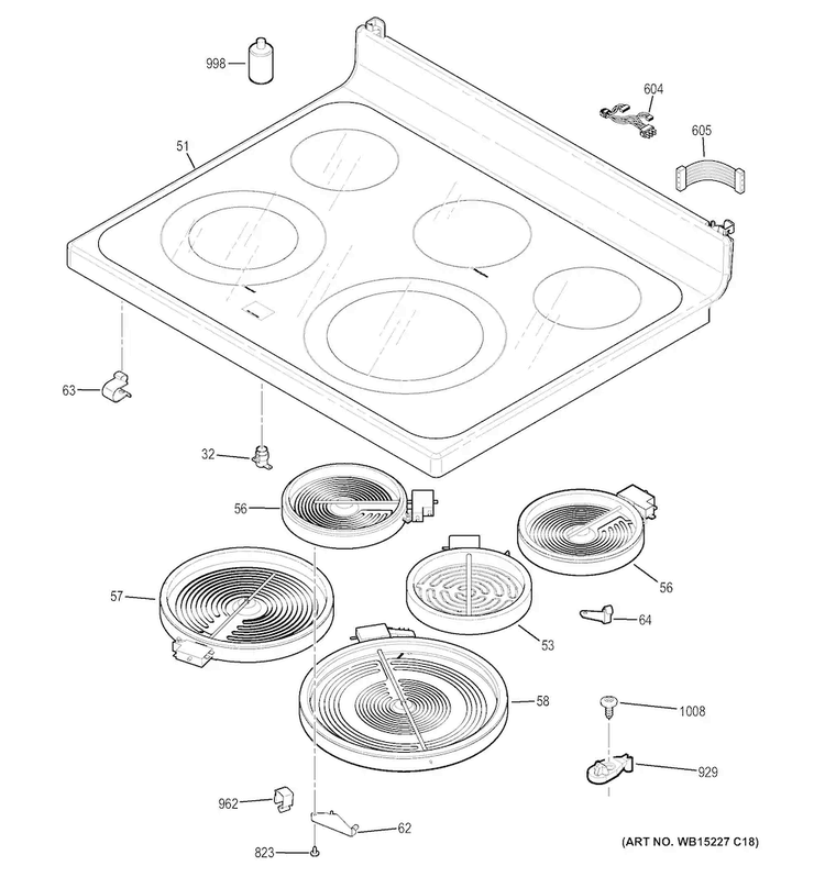 Cooktop Diagram and Parts List for JB860DJ3WW  General Electric Range