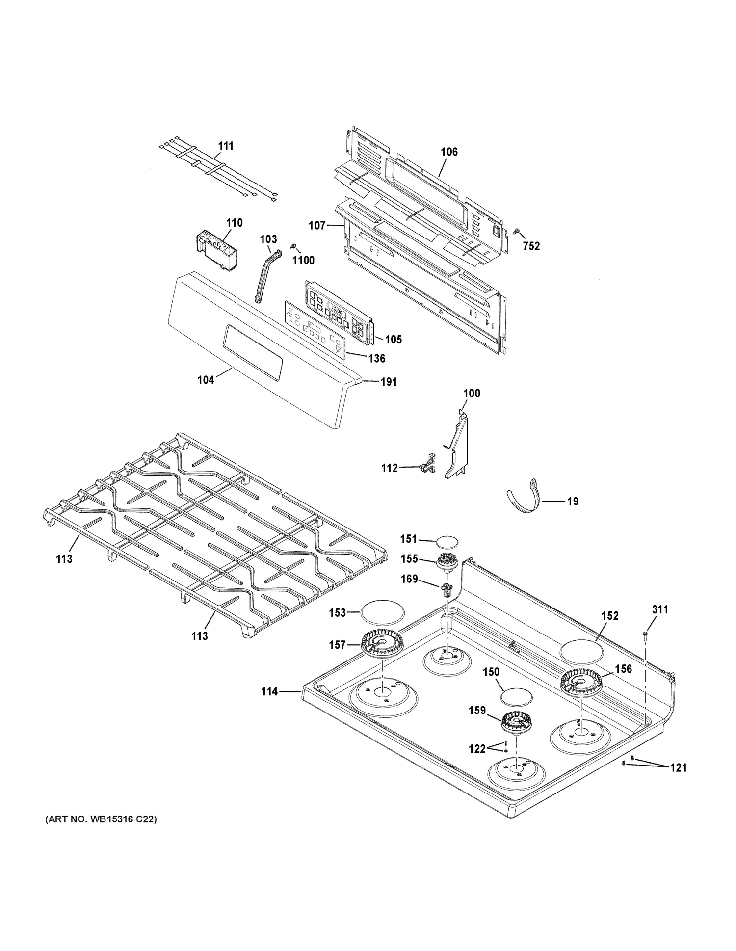 CONTROL PANEL & COOKTOP Diagram and Parts List for JGBS62REK1SS  General Electric Range