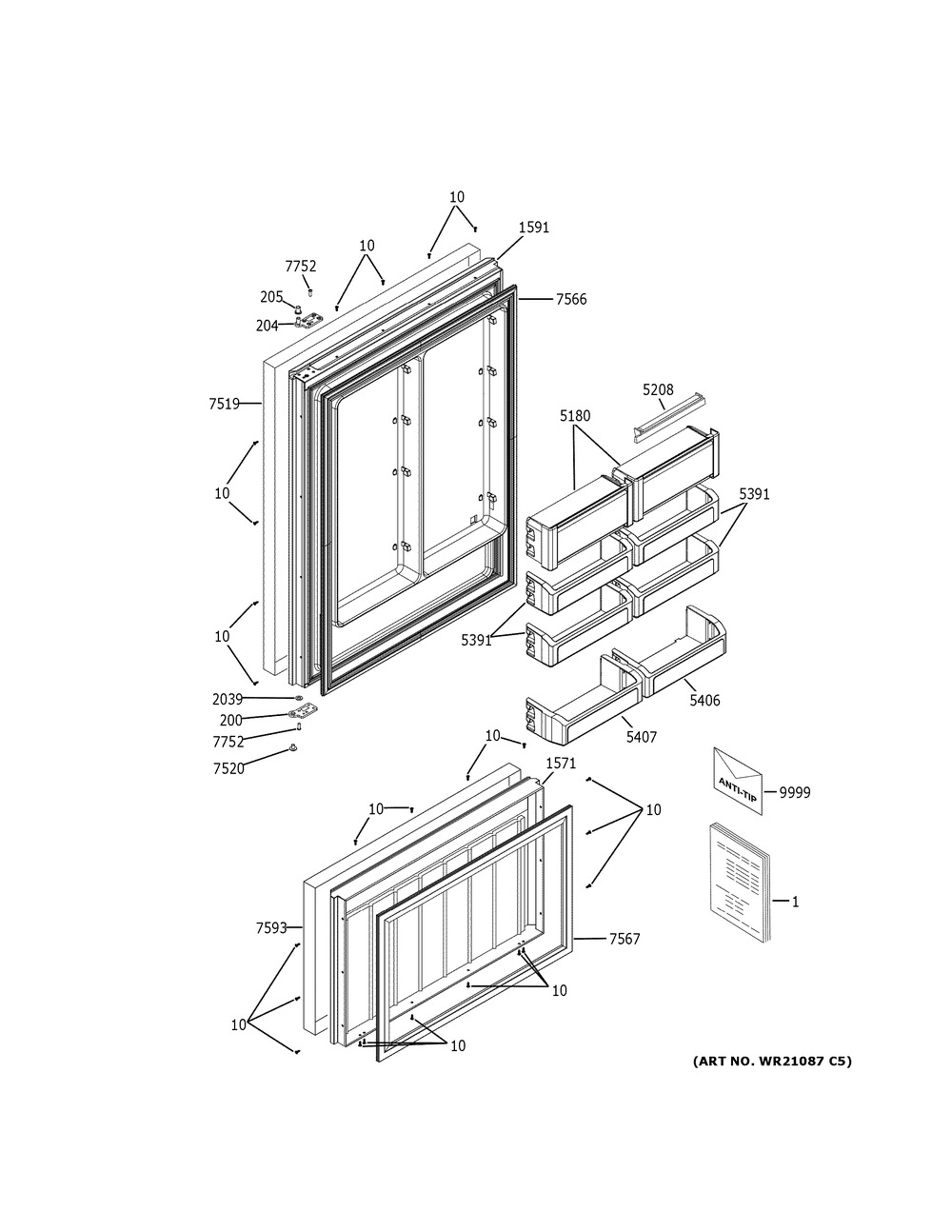 Doors Diagram and Parts List for ZICS360NNBLH  General Electric Refrigerator