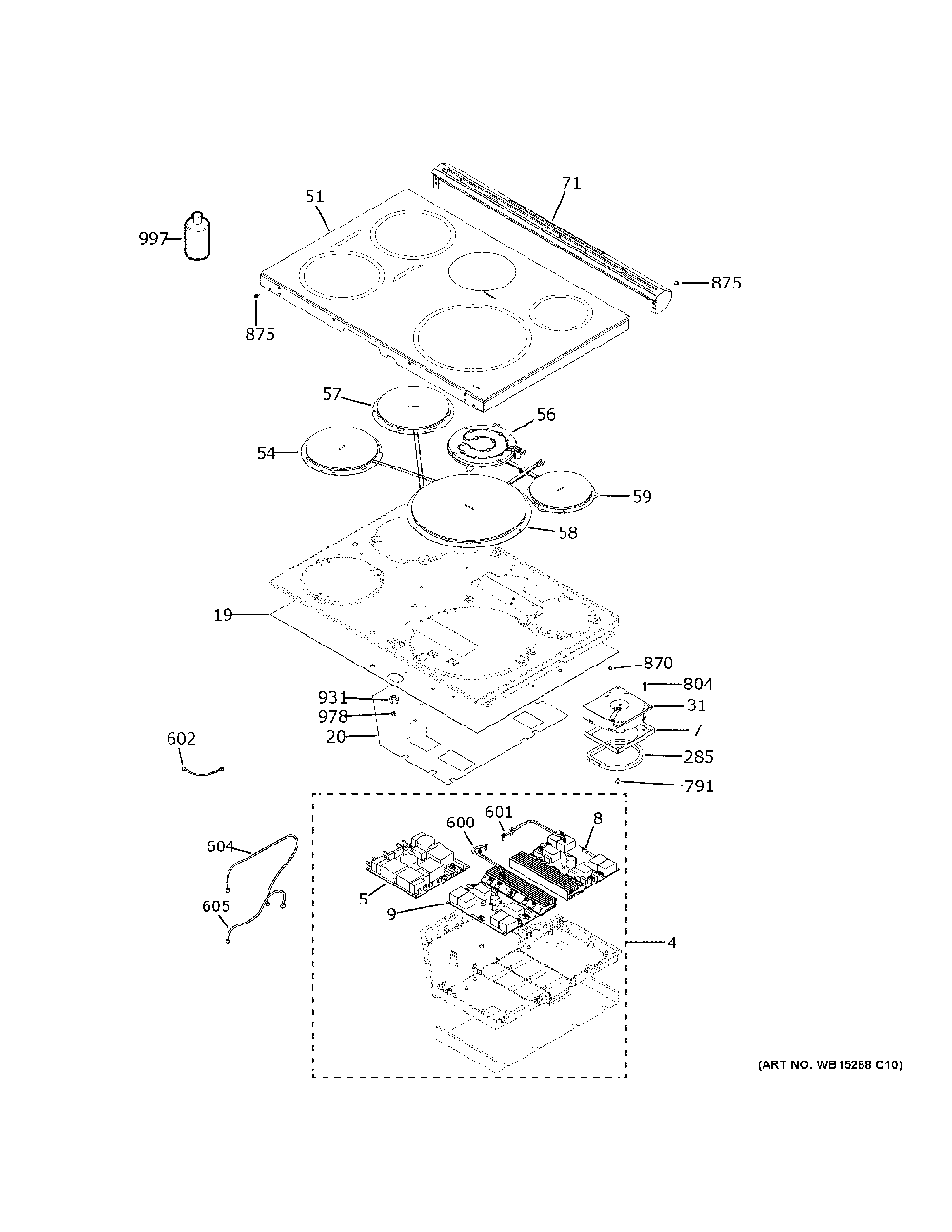 Cooktop Diagram and Parts List for PHS930BP7TS  General Electric Range
