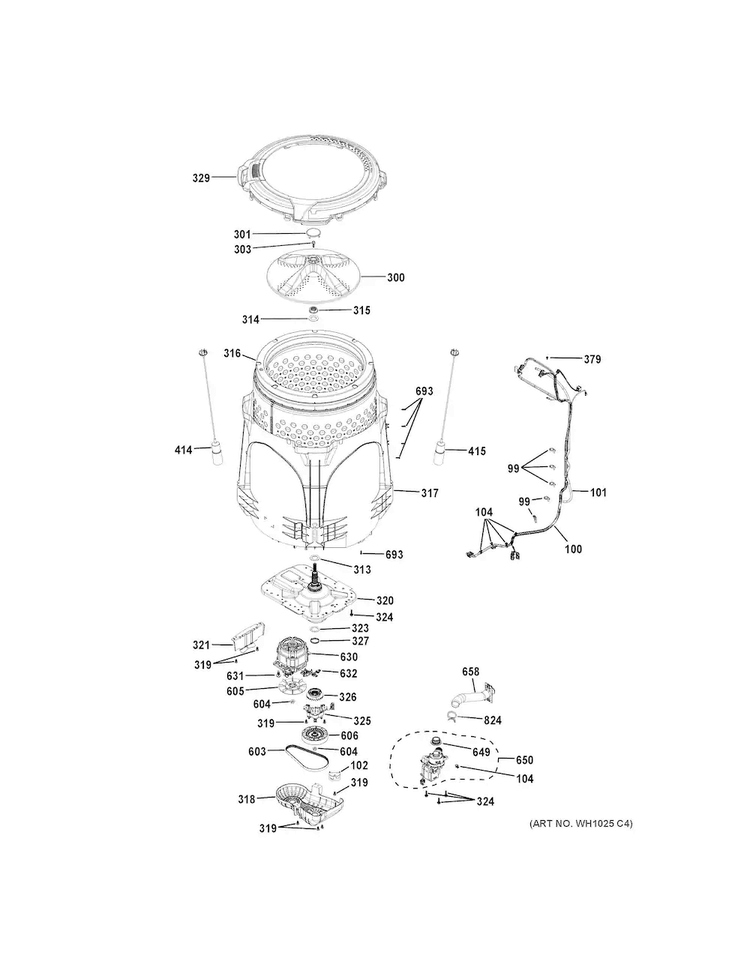 Tub & Motor Diagram and Parts List for GTW490ACJ2WW  General Electric Washer