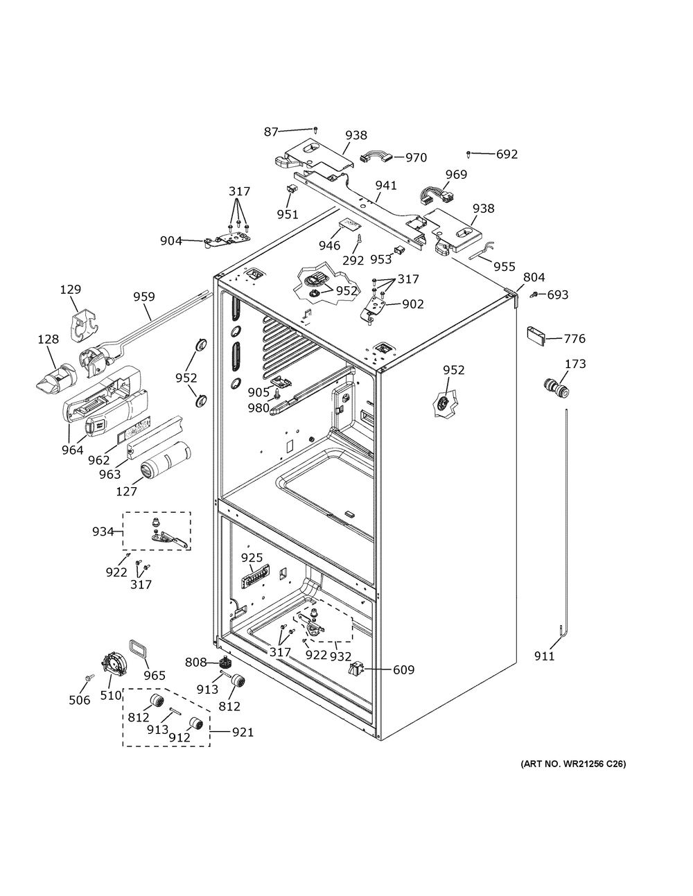 Case Parts Diagram and Parts List for GFE28GELPDS  General Electric Refrigerator