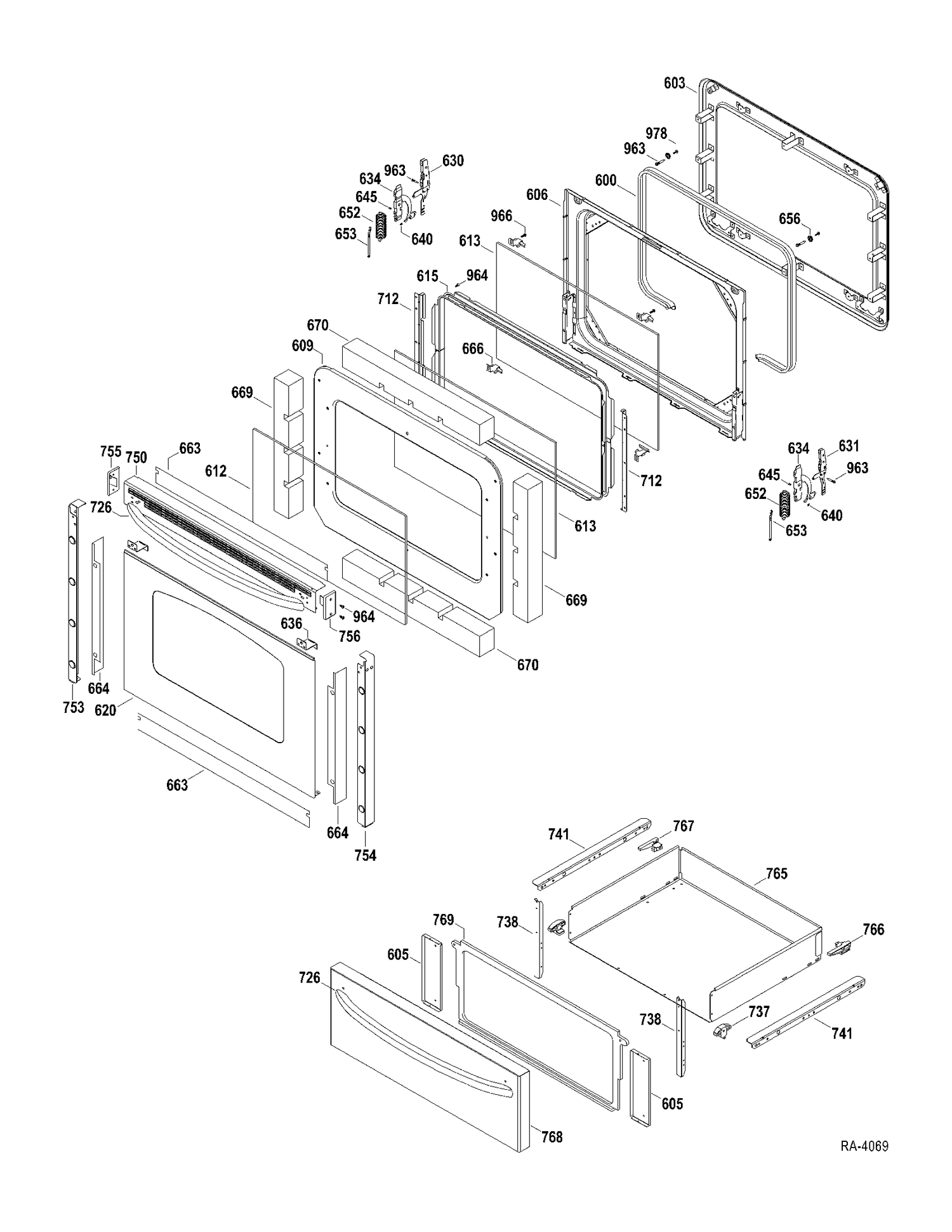DOOR-DRAWER Diagram and Parts List for JCBP63SP3SS  General Electric Range