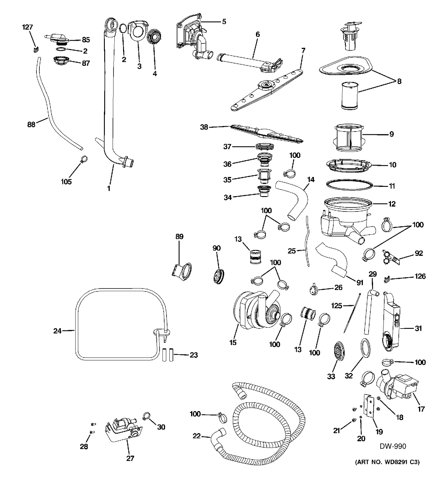 MOTOR & PUMP MECHANISM Diagram and Parts List for ZBD1850N02II  General Electric Dishwasher