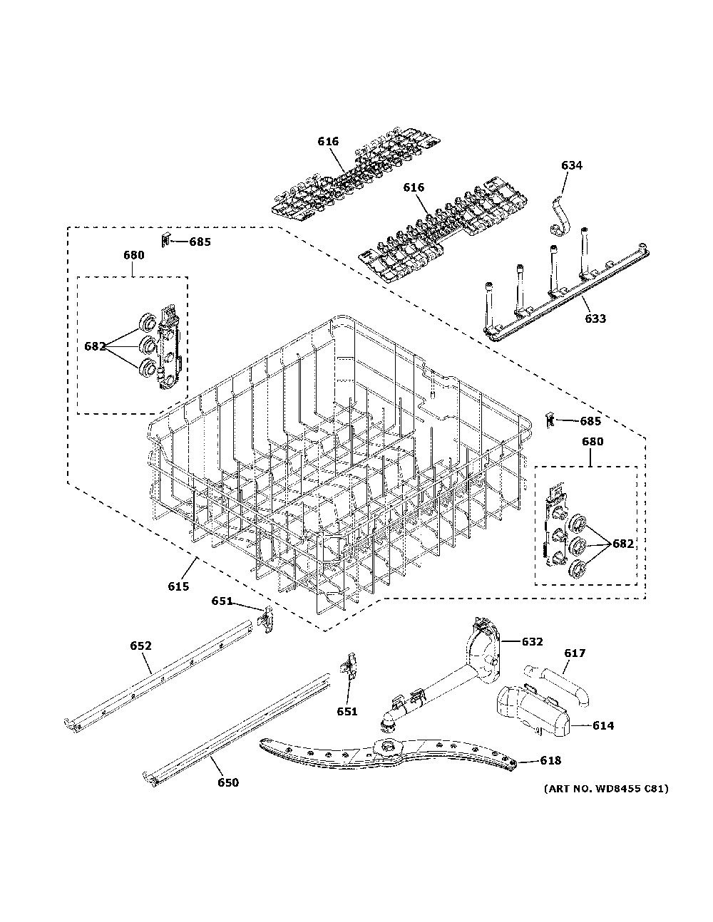 Upper Rack Assembly Diagram and Parts List for GDT605PMM6ES  General Electric Dishwasher