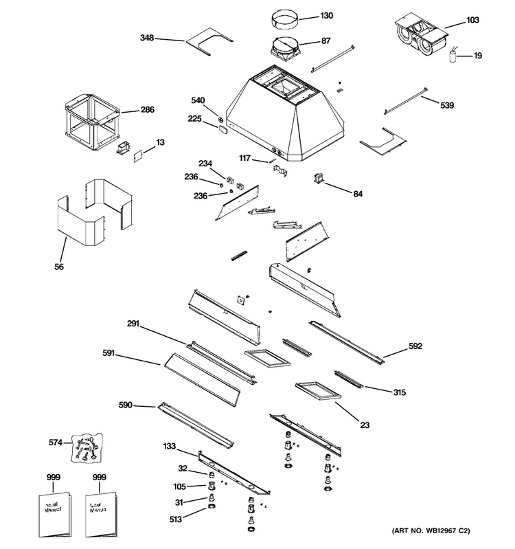 Range Hood Diagram and Parts List for ZV54ISH3SS  General Electric Range Hood