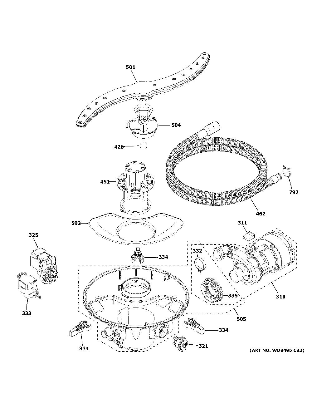 Motor, sump & filter assembly Diagram and Parts List for CDT800P2N3S1  General Electric Dishwasher