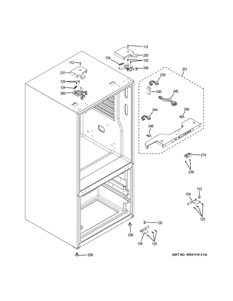 Case Parts Diagram and Parts List for GNE25JMKBFES  General Electric Refrigerator