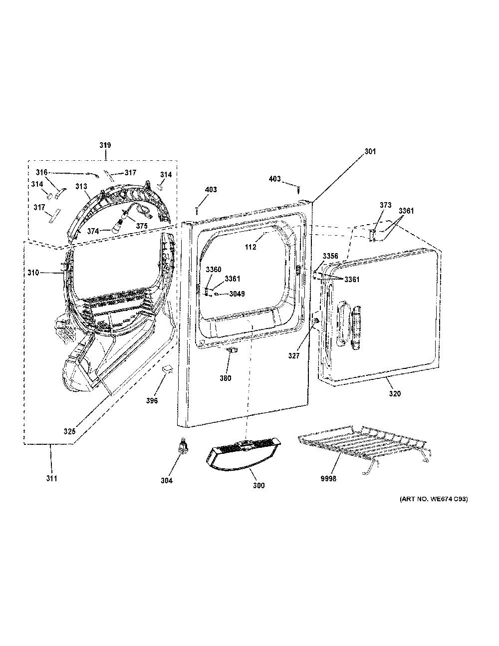 Front Panel And Door Diagram and Parts List for GTD42GASJ3WW  General Electric Dryer