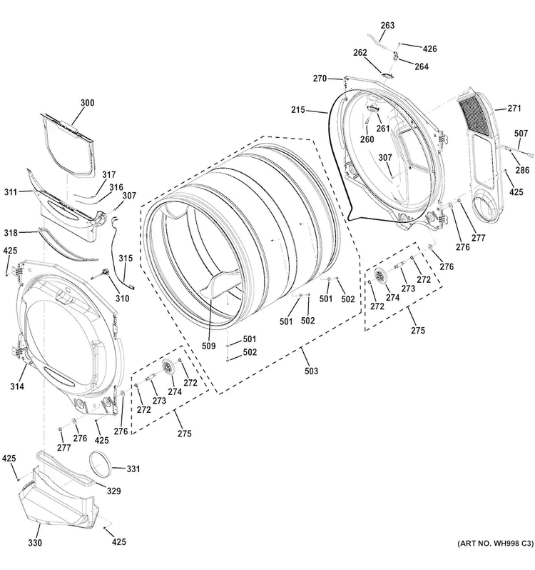 Drum Diagram and Parts List for GFDR485EF1MC  General Electric Dryer