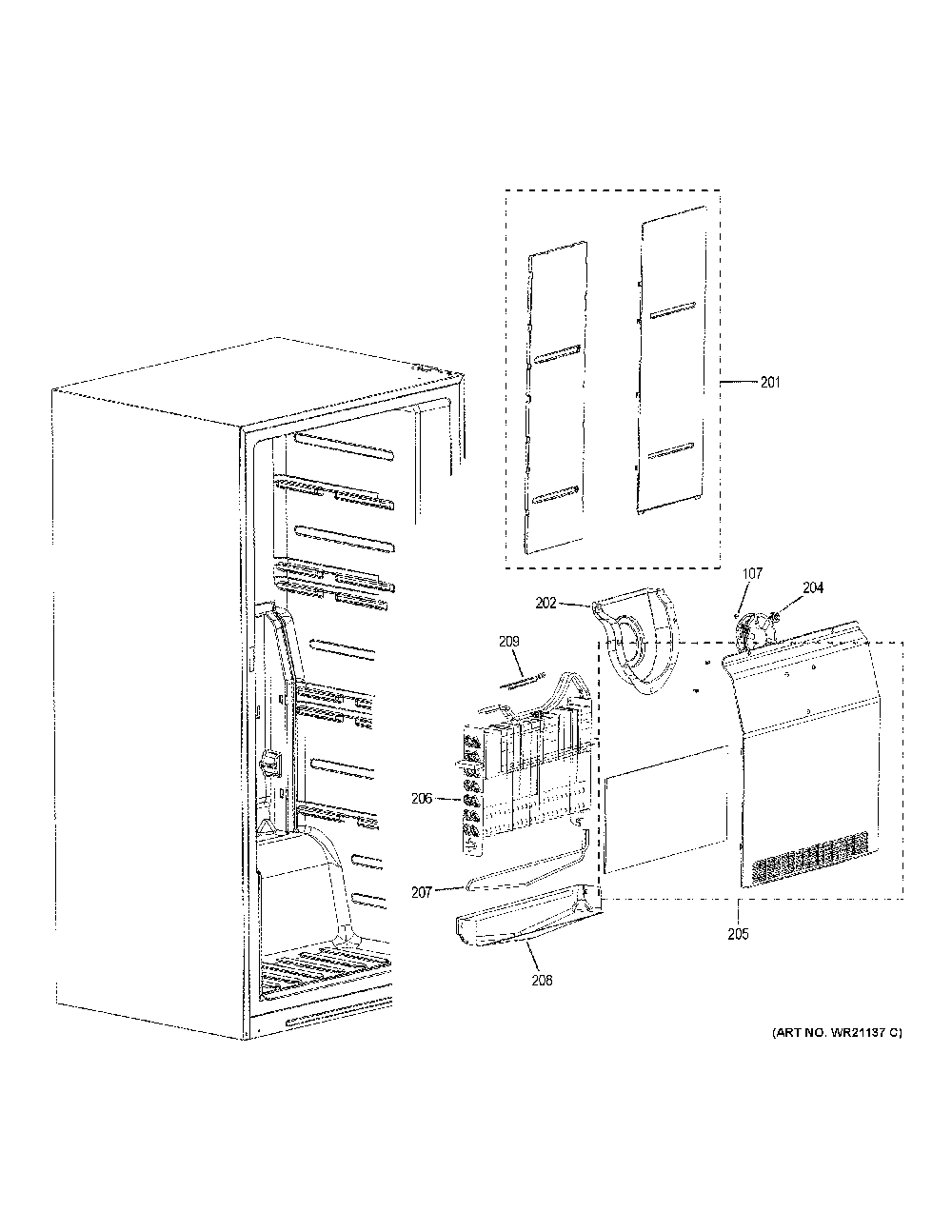Freezer section Diagram and Parts List for FUF14DLRDWW  General Electric Freezer