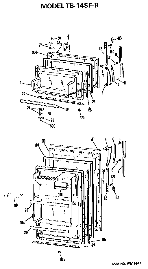 Doors Diagram and Parts List for TB14SFB  General Electric Refrigerator