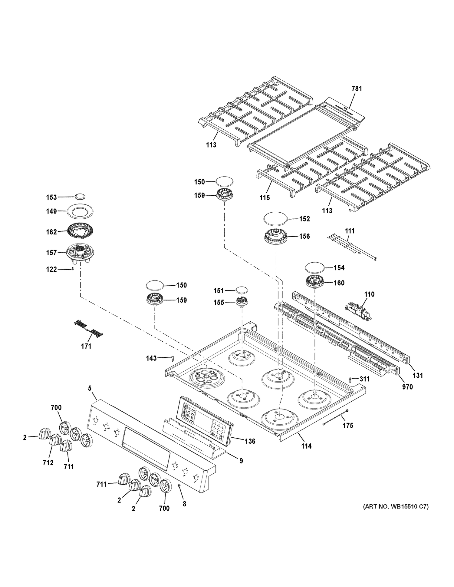 CONTROL PANEL & COOKTOP Diagram and Parts List for CGS986EEL1DS  General Electric Range