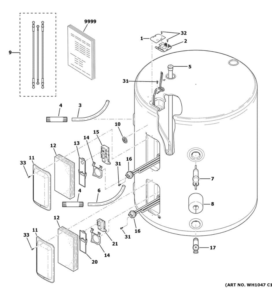 Water Heater Assembly Diagram and Parts List for GE30L08BSM01  General Electric Water Heater