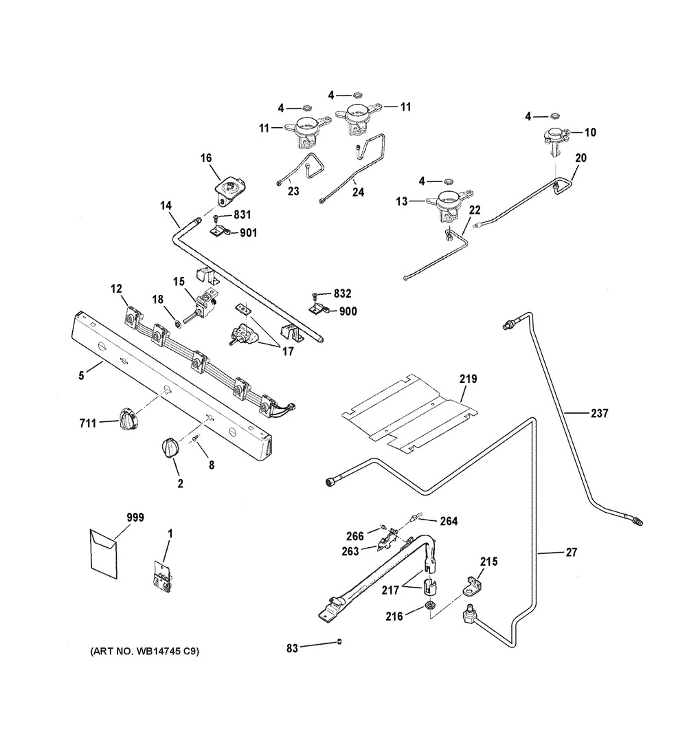 Gas & Burner Parts Diagram and Parts List for RGBS200DM1WW  General Electric Range