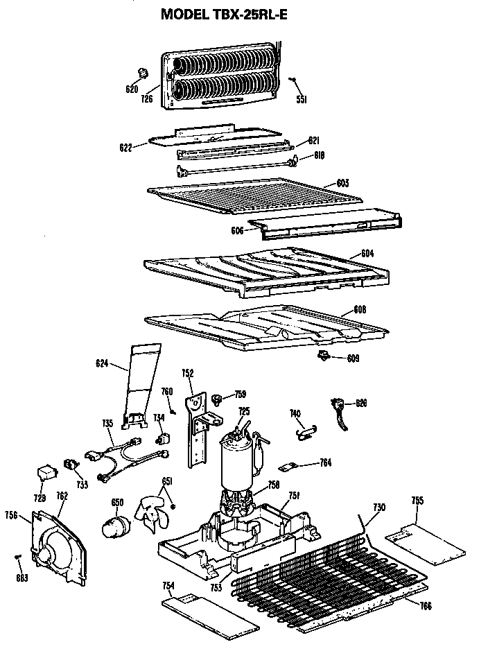 Unit Parts Diagram and Parts List for TBX25RLER  General Electric Refrigerator