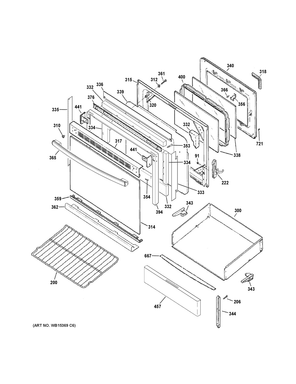 Door & Drawer Parts Diagram and Parts List for JB480DM1BB  General Electric Range