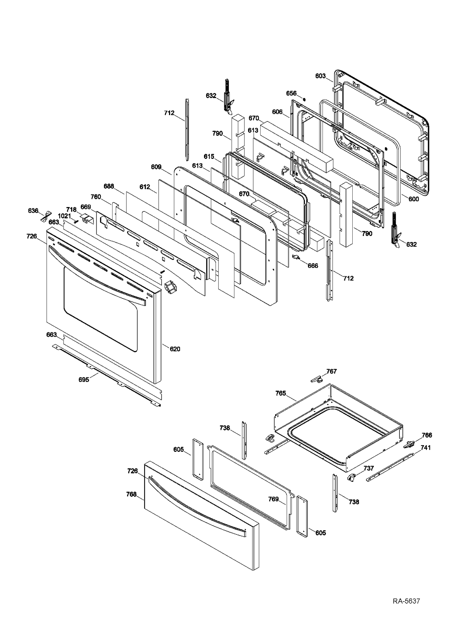 DOOR & DRAWER Diagram and Parts List for JCBP820ST2SS  General Electric Range