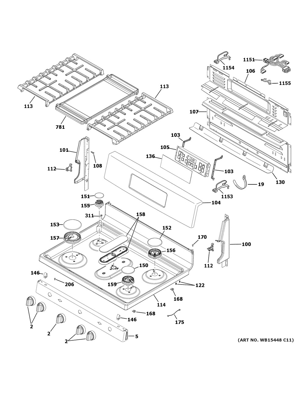 Control Panel And Cooktop Diagram and Parts List for JGB660FP1DS  General Electric Range