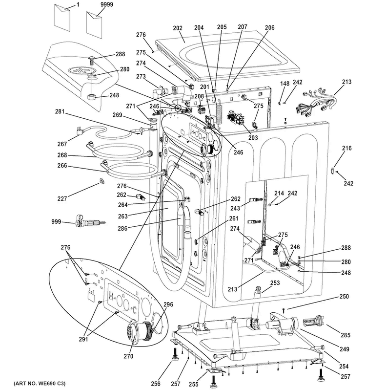 Cabinet & Top Panel Diagram and Parts List for GFWN1600J0WW  General Electric Washer