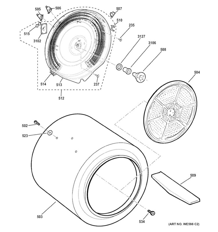Drum Diagram and Parts List for GTDS560EF1WS  General Electric Dryer