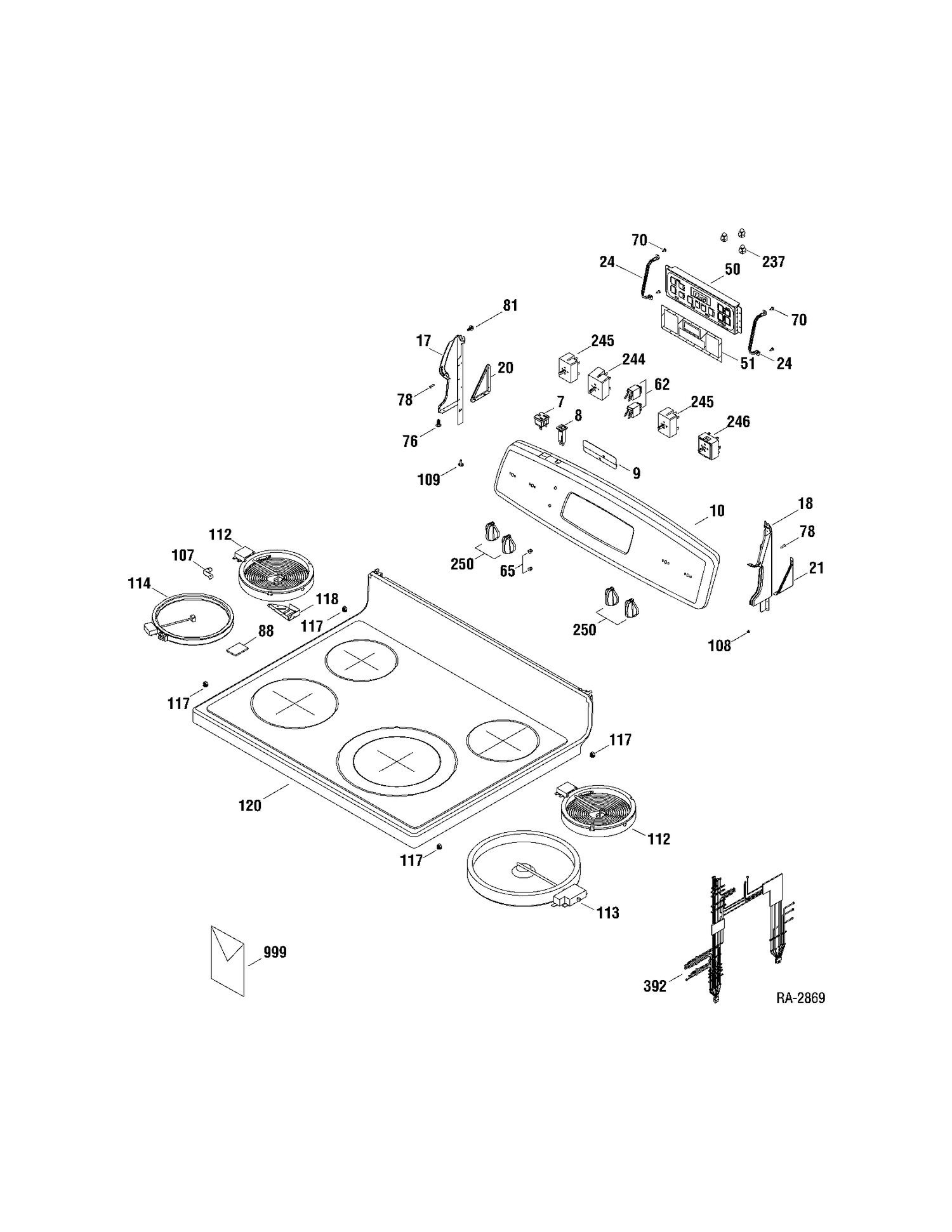 CONTROLS & COOKTOP Diagram and Parts List for JCBP66DP1BB  General Electric Range