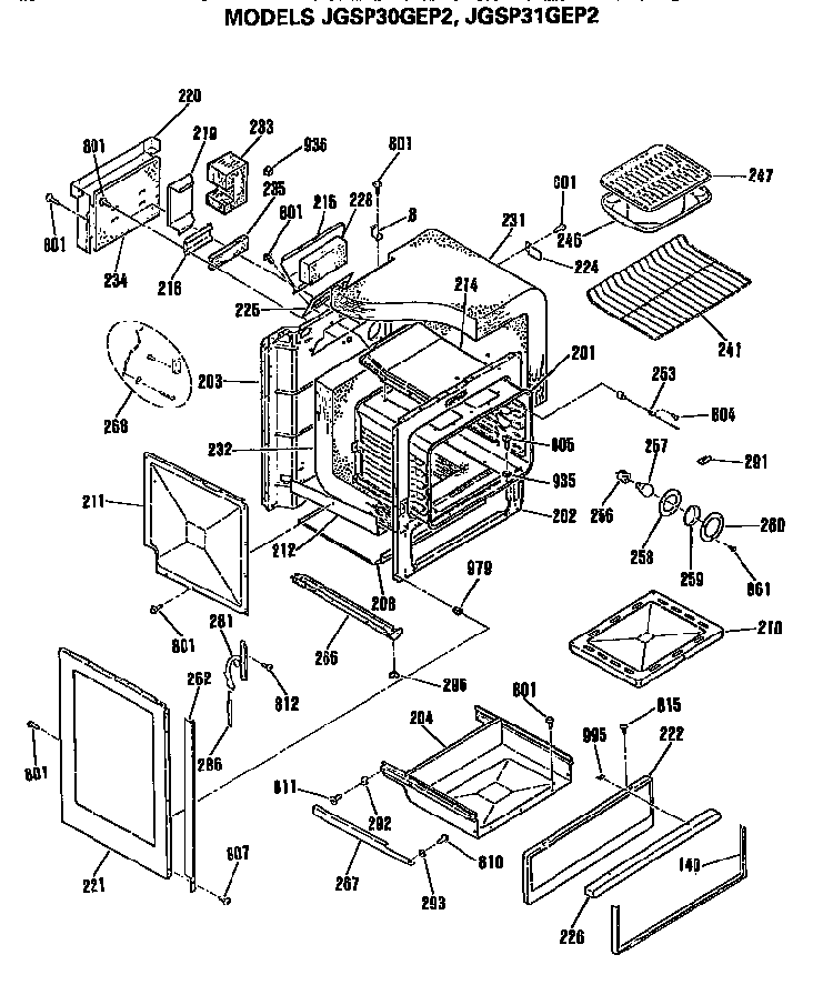 Main Body Diagram and Parts List for JGSP30GEP2  General Electric Range