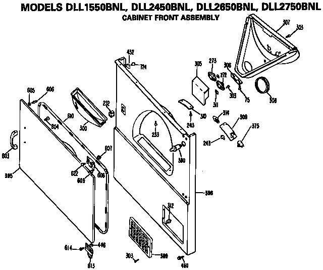Cabinet Front Assembly Diagram and Parts List for DLL1550BNL  Hotpoint Dryer