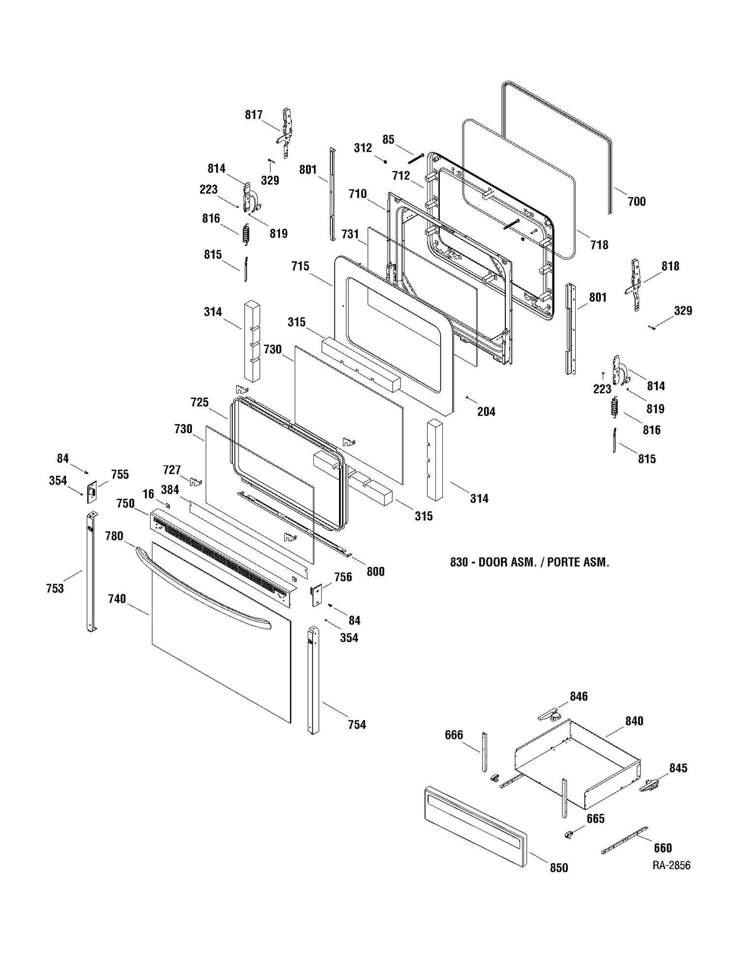 DOOR & DRAWER Diagram and Parts List for JCBP70DP1WW  General Electric Range
