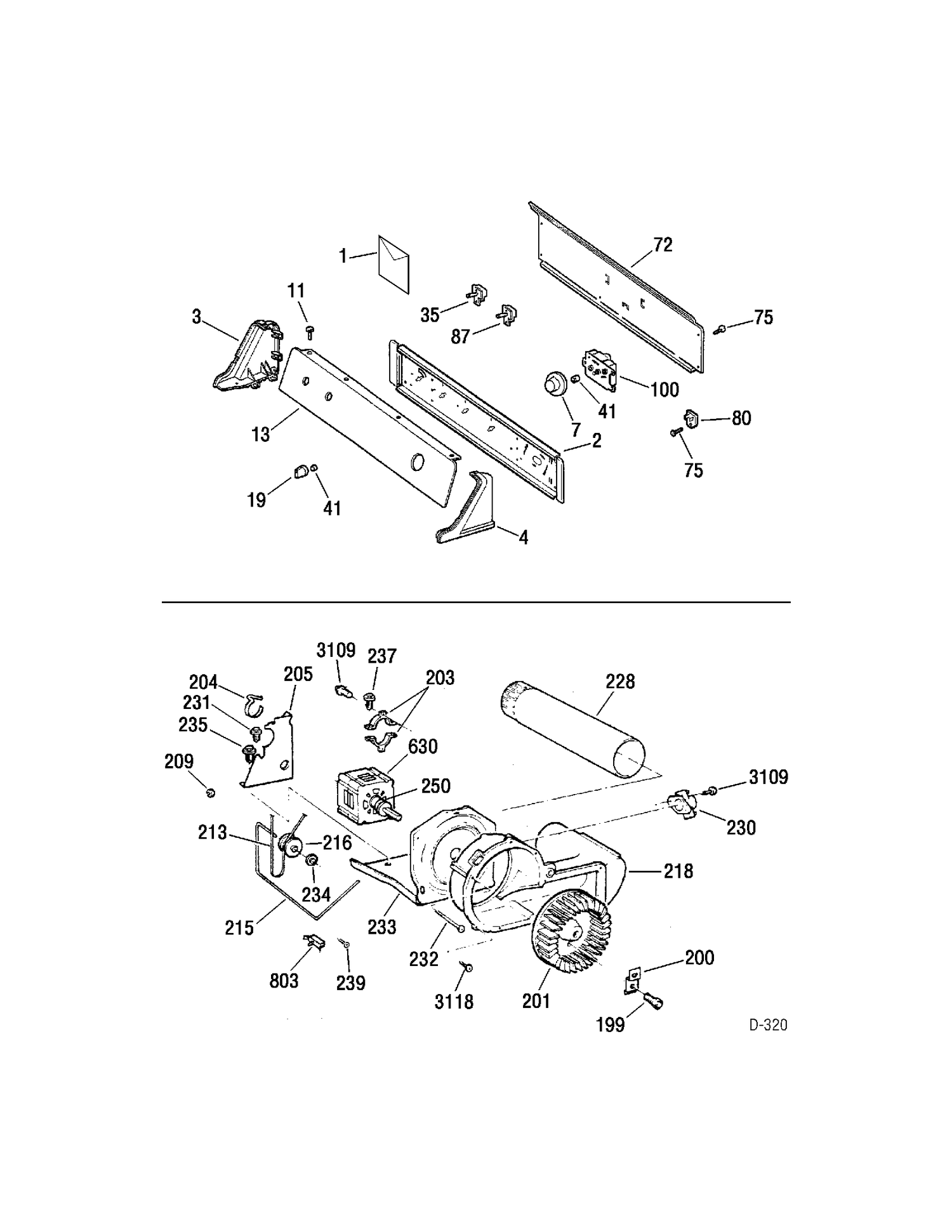 CONTROL GROUP & MOTOR Diagram and Parts List for 664210  General Electric Dryer