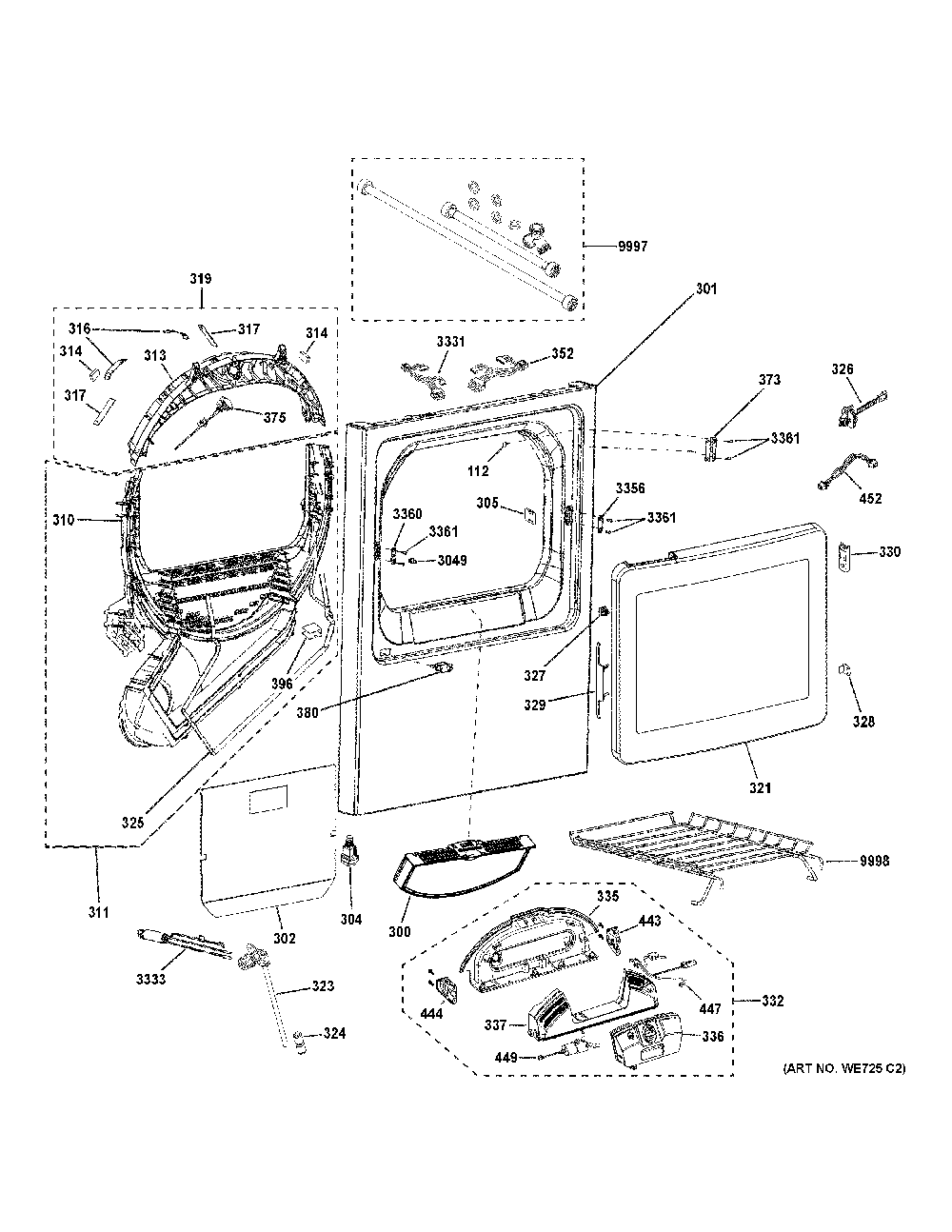 Front Panel And Door Diagram and Parts List for PTD90GBPT0DG  General Electric Dryer