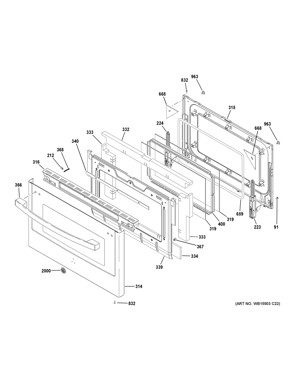 Lower Door Diagram and Parts List for PGB965BP3TS  General Electric Range