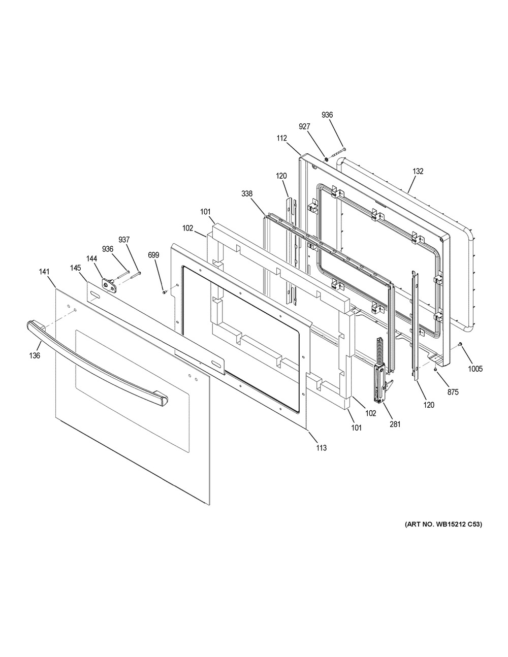 Lower Door Diagram and Parts List for PT7550DF9WW  General Electric Wall Oven