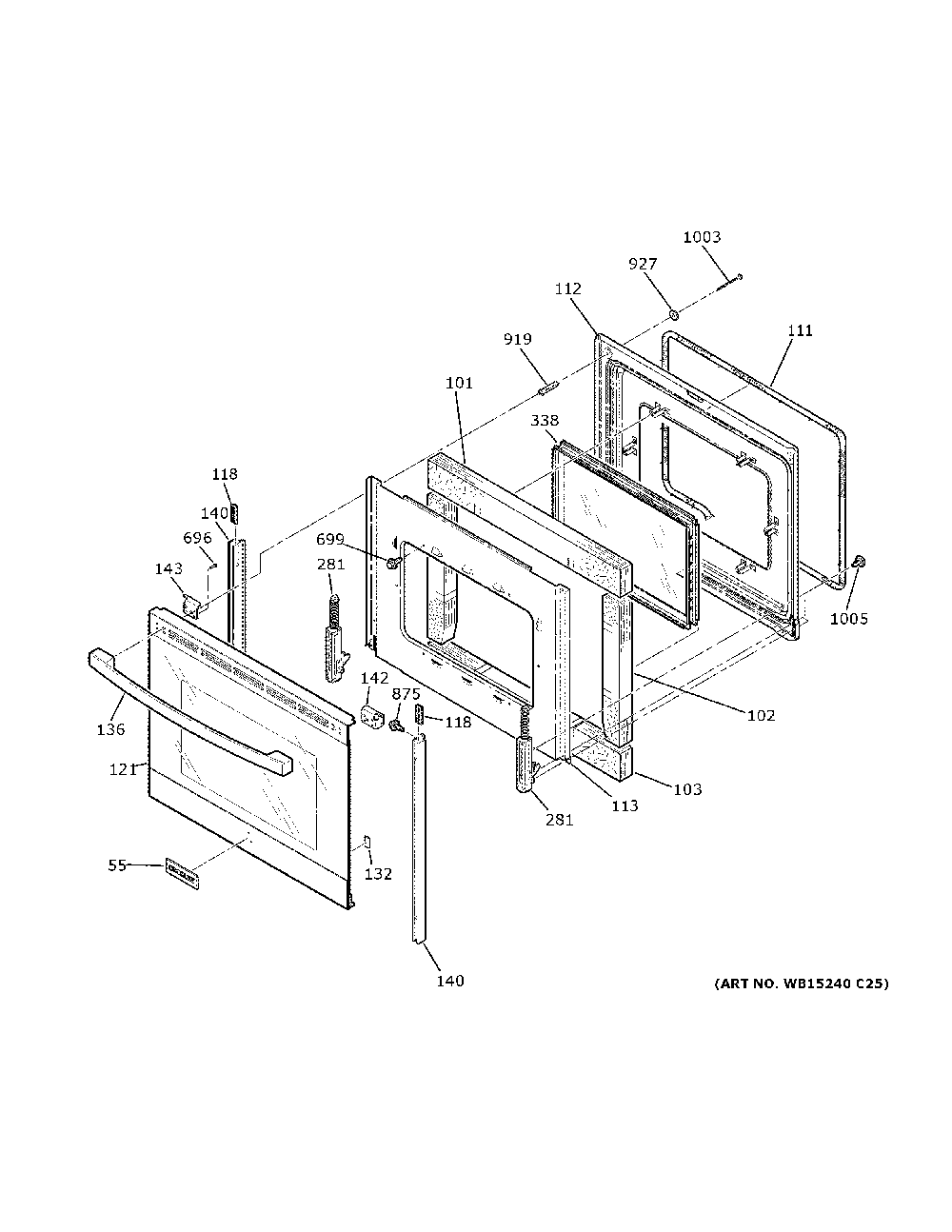 Door Diagram and Parts List for XB625RK5SS  General Electric Range