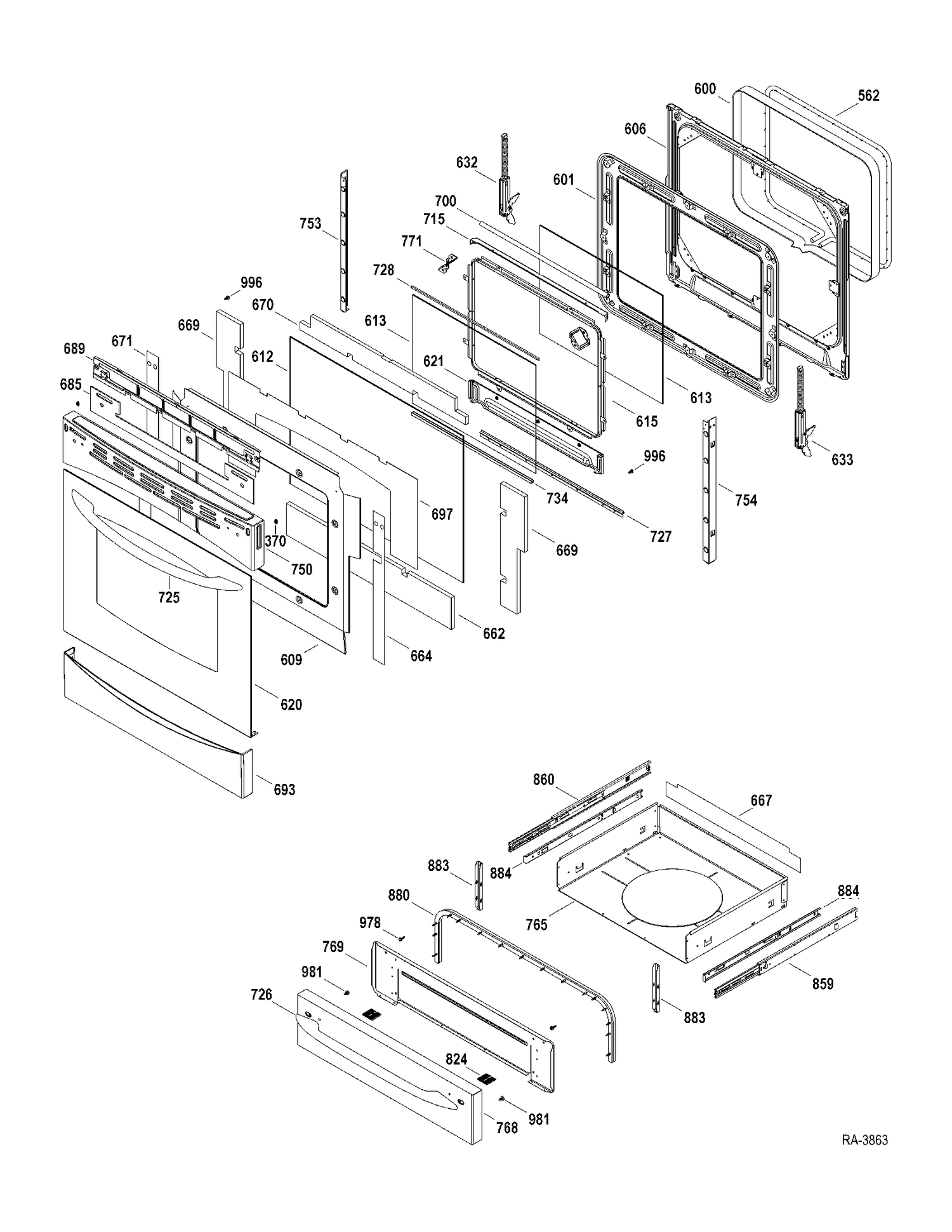 DOOR-DRAWER Diagram and Parts List for PCB900SR1SS  General Electric Range