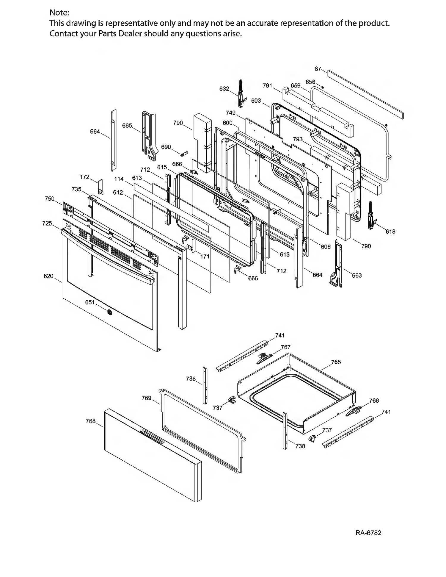 DOOR & DRAWER Diagram and Parts List for JCB635SK1SS  General Electric Range