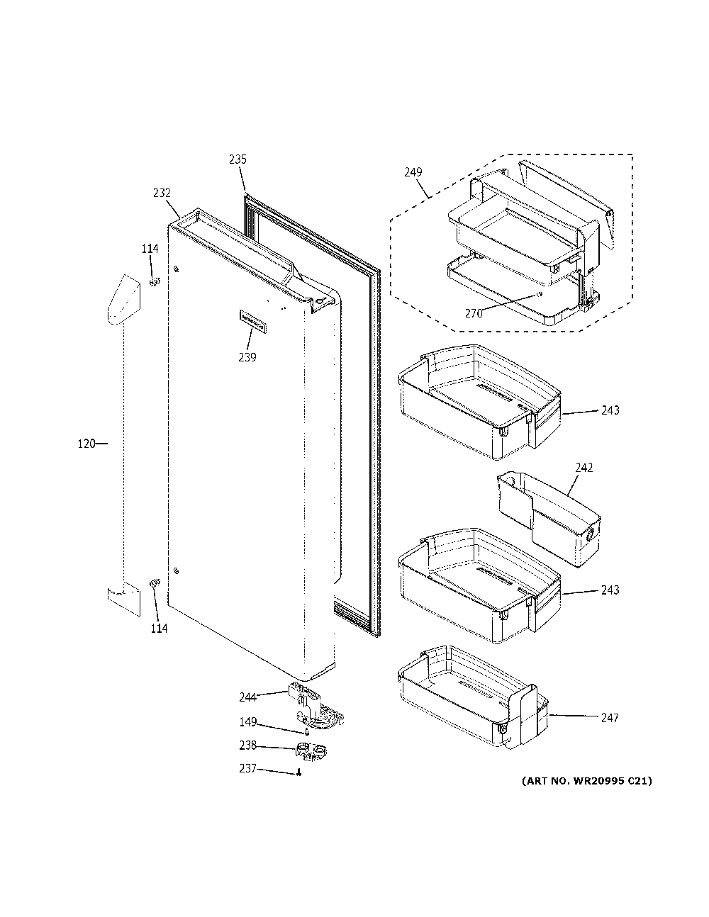 Fresh food door - rh Diagram and Parts List for ZWE23PSHRSS  General Electric Refrigerator