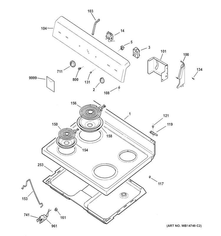 Control Panel & Cooktop Diagram and Parts List for RB525DH1CC  Hotpoint Range