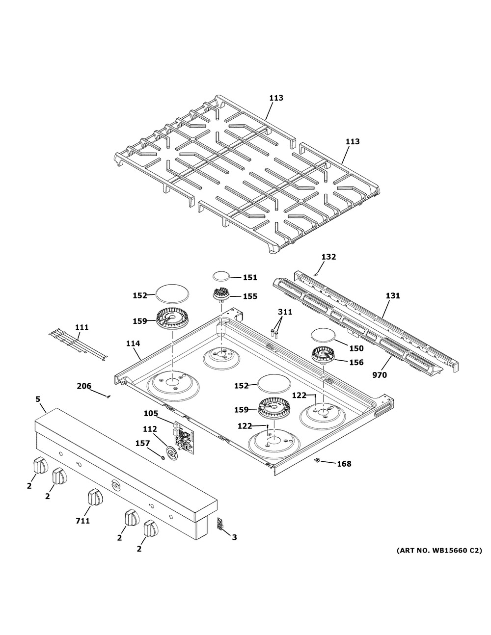 Control Panel And Cooktop Diagram and Parts List for QGSS740BN1TS  General Electric Range