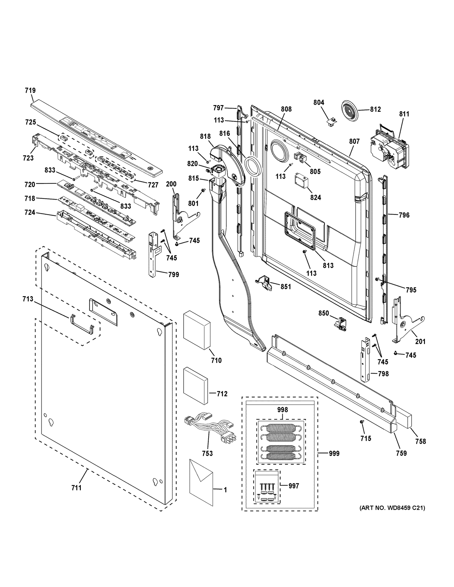 ESCUTCHEON & DOOR ASSEMBLY Diagram and Parts List for GDT740SIF8II  General Electric Dishwasher