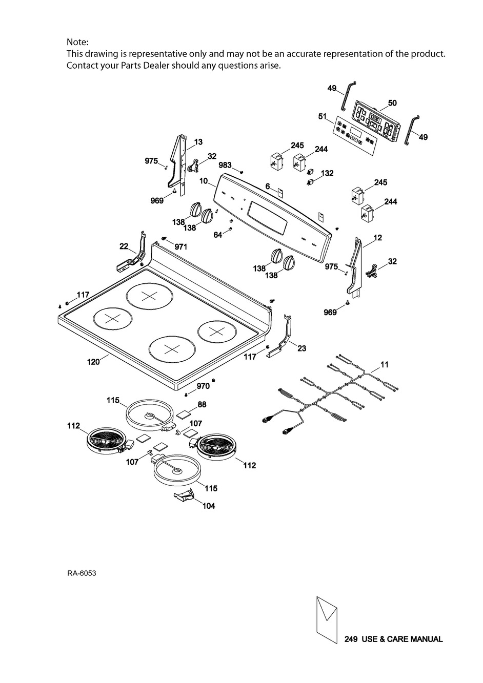 Control Panel And Cooktop Diagram and Parts List for JCB635SF2SS  General Electric Range