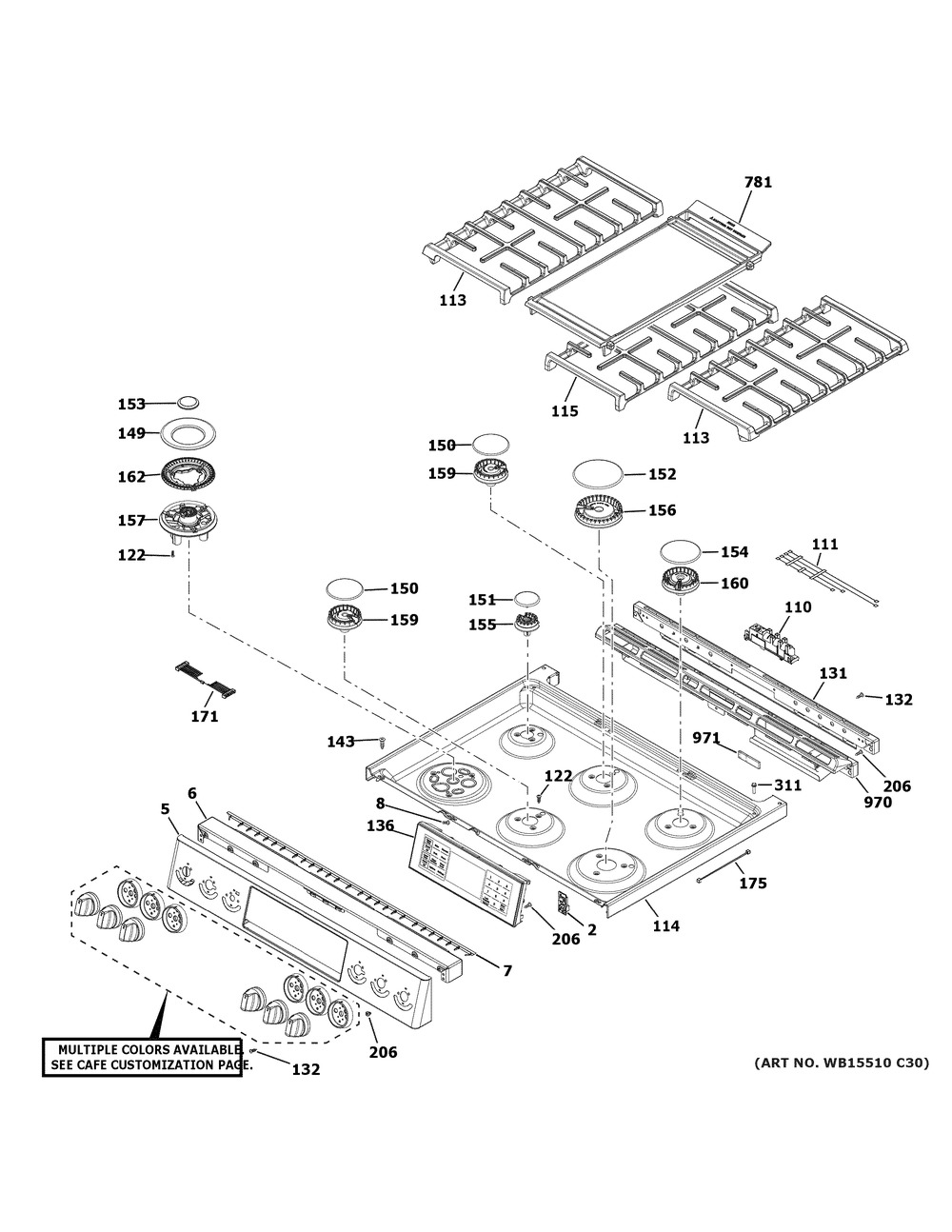 Control Panel & Cooktop Diagram and Parts List for CGS700P4M1W2  General Electric Range