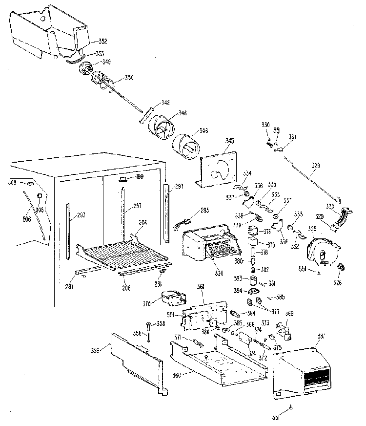 Ice Bucket Assembly Diagram and Parts List for TBX25RLG  General Electric Refrigerator