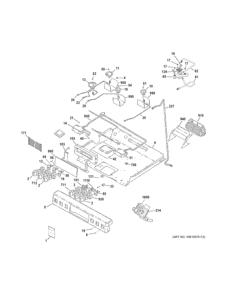 Gas & Burner Parts Diagram and Parts List for C2S985SET8SS  General Electric Range