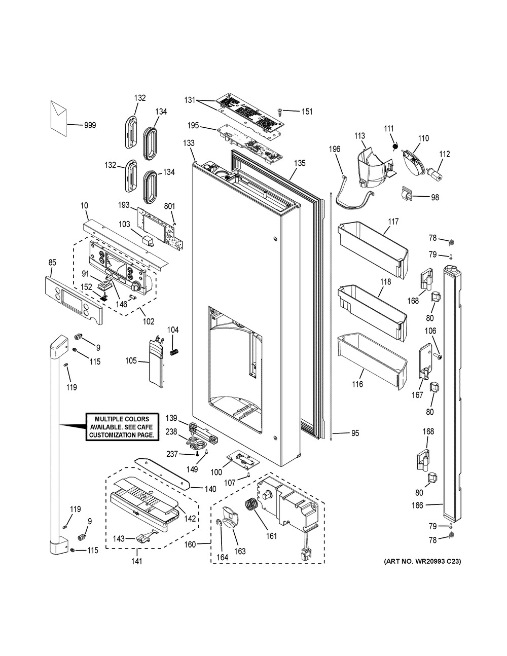 Dispenser Door Diagram and Parts List for CFE28TP4MBW2  General Electric Refrigerator