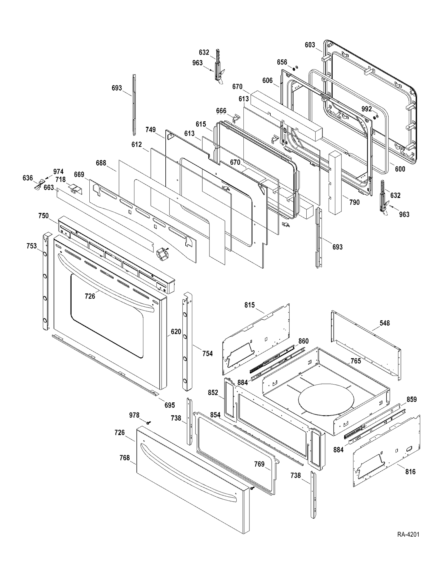 DOOR-DRAWER Diagram and Parts List for JCBP810ST1SS  General Electric Range